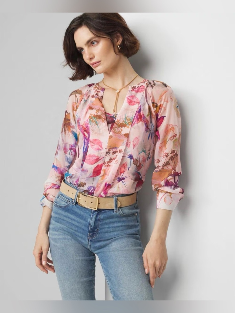 Women’s White House Black Market Watercolor Floral Pleated Front Sheer Blouse  S